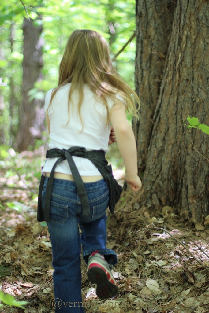 Children's Aprons/Gathering Apron for kids by The Vermont Apron Company in Black Denim for forest adventures.